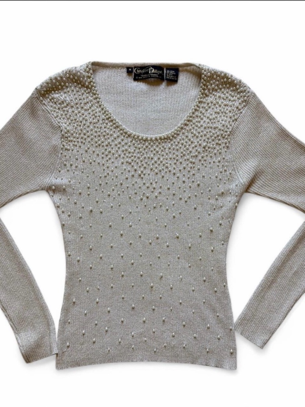 Christine Phillipe Vtg 1997 Beaded Cotton/Metallic Long Sleeve Sweater Sz Medium